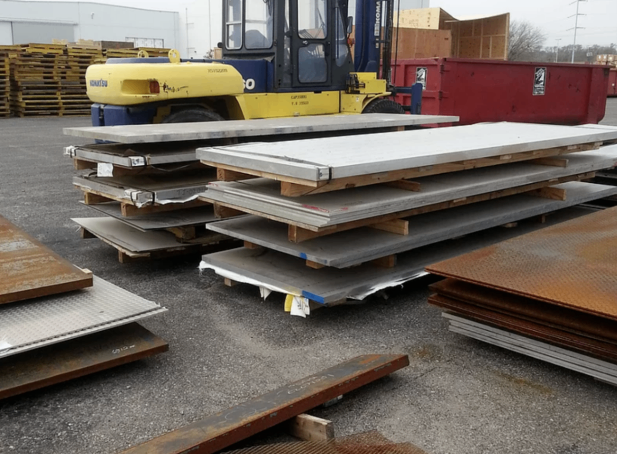 Neatly sorted stacks of stainless and carbon steel plate on wooden pallets, ready for shipment